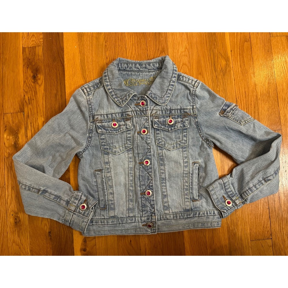 Squeeze Jeans Girls Rock Denim Jacket Light Wash Pink Gem Buttons Size M 10 - Picture 2 of 7